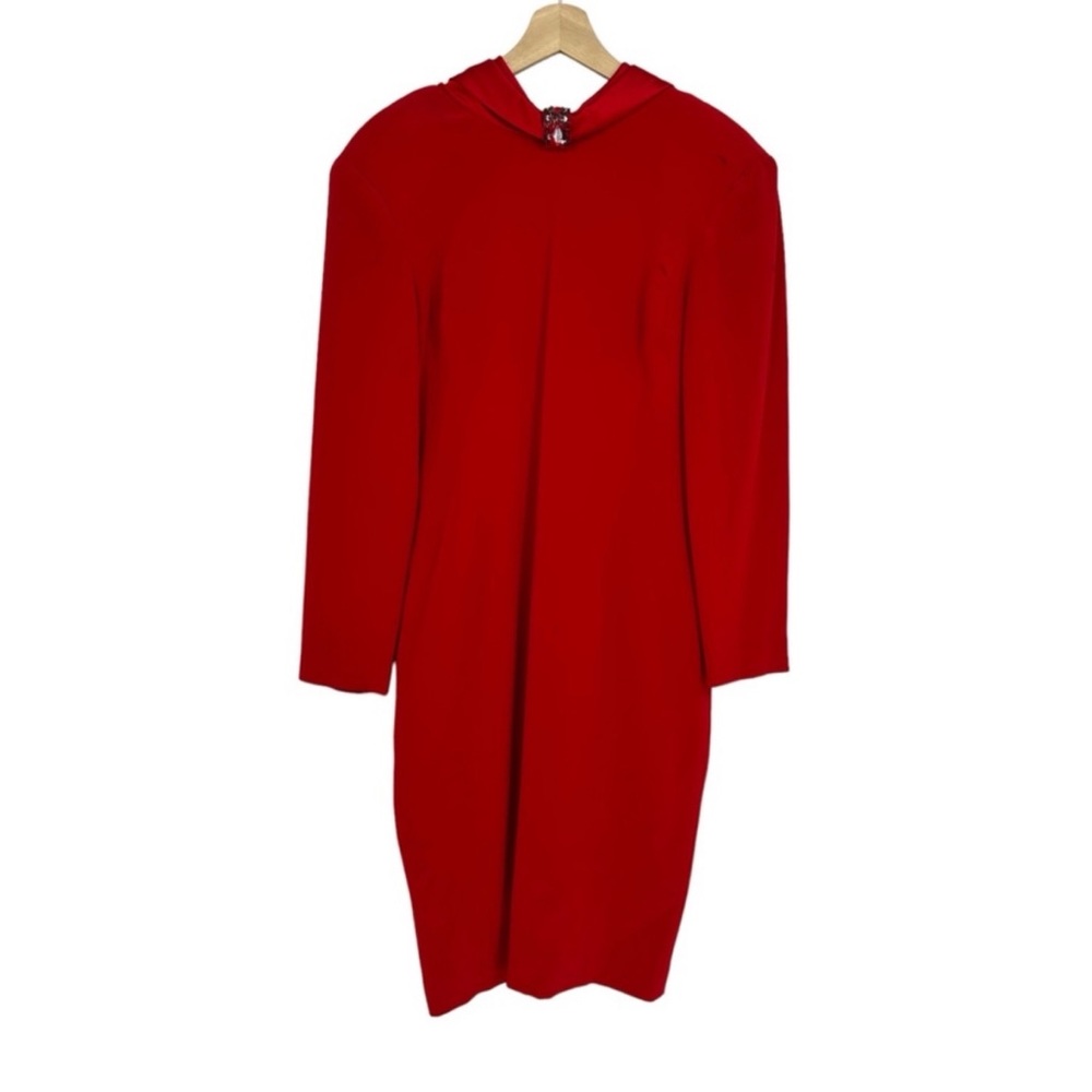 D’Ore Vintage Deep Red Cowl Neck Jewel Embellished Crepe Midi Cocktail Dress